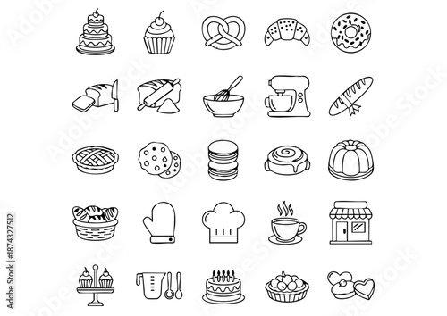 Artisan Bakery & Pastry Linear Icon Collection, Minimalist Sweet Treats & Baking Essentials Vector Set, Modern Patisserie Line Art: 25 Professional Symbols