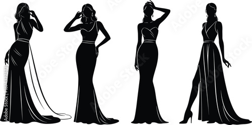 Elegant women silhouettes in long evening gowns, stylish female models posing in luxury dresses, vector illustration isolated on white background for fashion design, runway, and glamour concepts