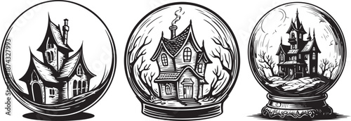 Set of 3 haunted house snow globes illustration