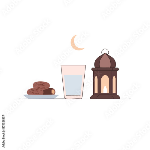 Flat lay illustration of a lantern, glass of water, and dates on a plate under a crescent moon, symbolizing iftar during ramadhan with warm, soft colors.