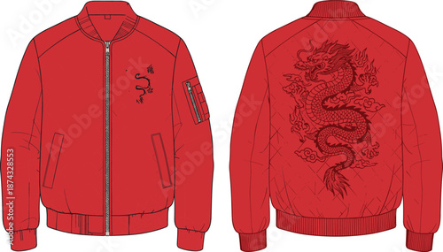 Red bomber jacket front and back view with dragon embroidery, fashion technical illustration for streetwear design, apparel mockup, branding, print placement, and clothing manufacturing presentation