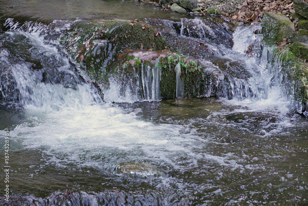 Obraz premium A cascading waterfall with water flowing in streams down limestone ledges The area is covered with autumn leaves and branches vegetation moss ferns nature winter autumn flora