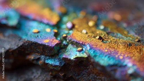 Detailed view of a naturally occurring mineral specimen exhibiting striking iridescent rainbow hues and a rich textured metallic surface highlighting its unique geological formation