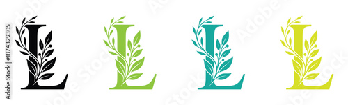 Elegant L letter logo design with long leaves branch vector illustration. Creative icon with letter L and natural elements. Stylish letter L logos with leafy designs in four colors.