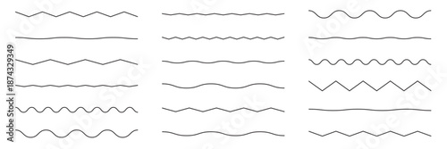 Wave line and wavy zigzag pattern lines. Vector black underlines, smooth end squiggly horizontal curvy squiggles on white background.