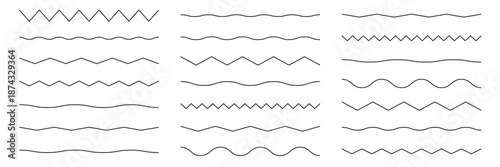 Wave line and wavy zigzag pattern lines. Vector black underlines, smooth end squiggly horizontal curvy squiggles on white background.