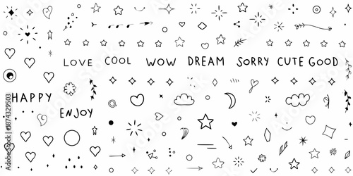 Black and white doodle pattern with cheerful words and whimsical shapes