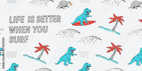 Dinosaur surfing pattern with palm trees and ocean waves a playful design