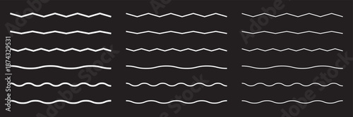 Wave line and wavy zigzag pattern lines. Vector black underlines, smooth end squiggly horizontal curvy squiggles on white background.