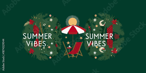 Festive summer wreath design featuring beach elements and holiday decorations