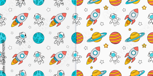 Cute astronauts rockets planets and stars create a playful space pattern