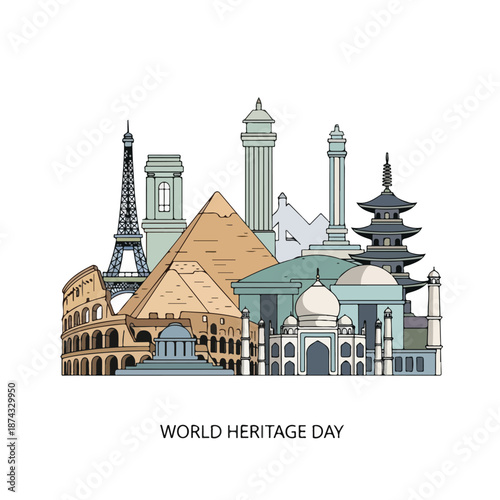 A colorful illustration of famous monuments on World Heritage Day