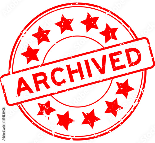 Grunge red archived word with star icon round rubber seal stamp on white background