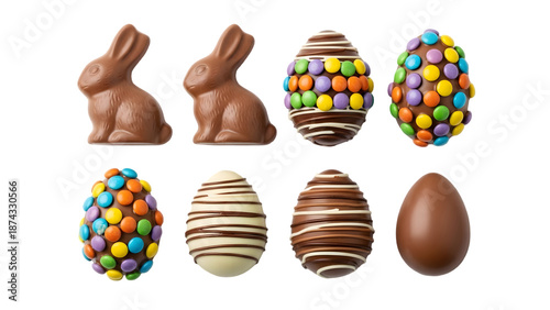 Easter sunday chocolate treats bunnies and eggs isolated on transparent background