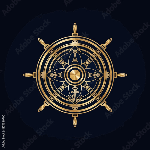 Golden Nautical Ship Wheel Intricate Design Dark Background Maritime Art Decor.png