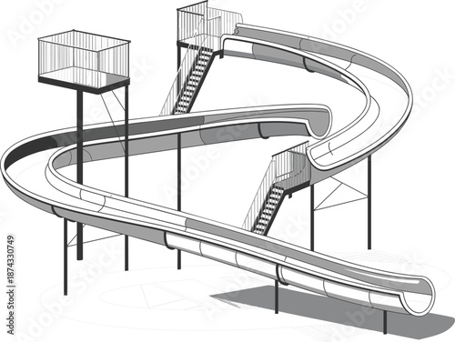 Water slide vector illustration, outdoor aquatic park amusement equipment, swimming pool recreation fun slide design