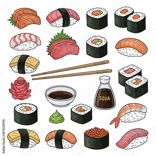Hand Drawn Sushi Rolls Chopsticks Ginger Wasabi Soy Sauce Collection Illustration.png