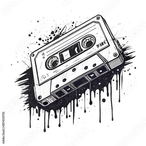 Hand-Drawn Punk Cassette Tape, Graffiti Doodle, Urban Grunge Vector Illustration