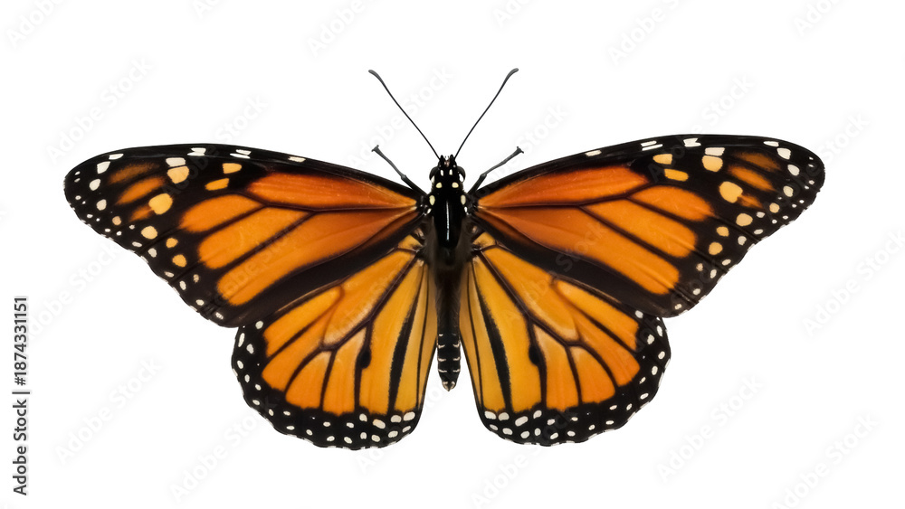 Fototapeta premium Monarch butterfly PNG isolated on transparent background, orange and black wings with white spots, beautiful insect for nature designs