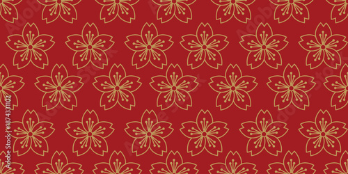 Seamless pattern with golden sakura flowers in line art style on red background. Elegant Japanese floral design for luxury textile printing.
