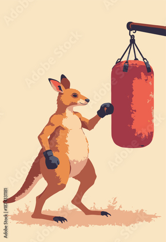 A Kangaroo boxing a punching bag that is swinging back and hitting it. Slapstick humor. Flat vector