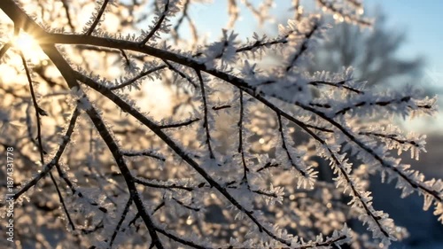 Sunlight through frosty branches on a cold winter morning, creating a beautiful natural scene with ice crystals.