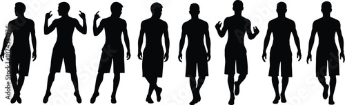 Set of male human silhouettes in different walking and standing poses, casual lifestyle, body movement, fashion posture, isolated vector illustration