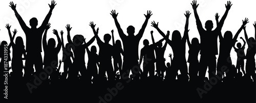 Silhouette of cheering crowd with raised hands celebrating together, people unity, success, freedom, motivation, festival atmosphere, energetic community vector illustration