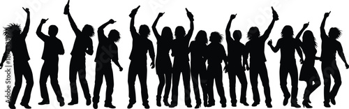 Silhouette of dancing crowd celebrating together, energetic people enjoying music, party atmosphere, freedom, unity, youth culture, festival celebration illustration concept vector