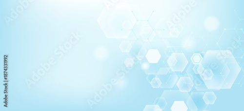 Health care or medical abstract background with hexagons, lines and dots. Scientific innovation banner template concept. Biology and pharmaceutical technology background. illustration.