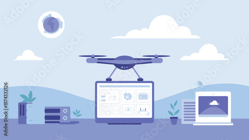 A drone carrying a computer monitor with a cloud on a laptop in a tech-themed landscape blue