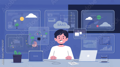 Man smiling at laptop with multiple floating screens displaying Saa S related and charts SaaS