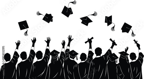Silhouette of graduates throwing caps in celebration, academic success, education achievement, graduation ceremony, students unity, future career hope, vector illustration