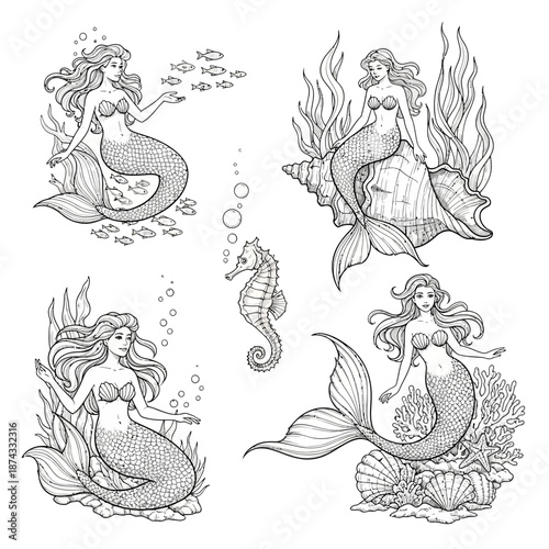 Vintage Engraving Style Mermaid Illustrations With Fish and Seahorse Set.png