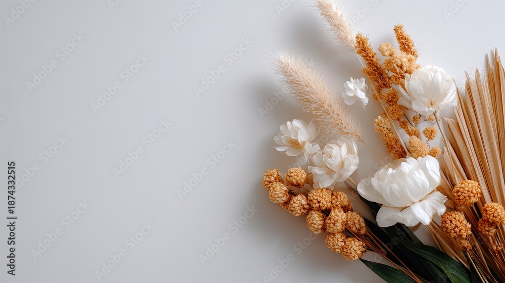 Fototapeta premium Beautiful arrangement of dried flowers and greenery on a neutral background showcasing texture and elegance for home decor or floral design projects