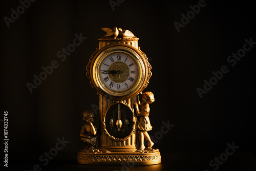 Φωτογραφία A close-up shot of an antique golden clock with Roman numerals on its face, adorned with two cherub-like figures on its base