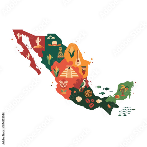 A colorful illustration of Mexico with cultural icons