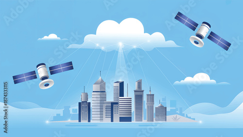 Three satellites orbiting above a city skyline with blue sky and clouds, buildings
