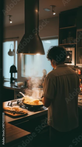 Wallpaper Mural A home chef stands at the stove, cooking pasta in a stylish kitchen filled with inviting light. The scene captures the warmth and creativity of preparing homemade food in a modern home Torontodigital.ca