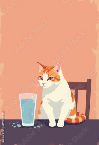 A Cat knocking a glass of water off a table while making eye contact. 'Rebel' humor. Flat vector