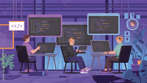 Three people coding on laptops in a purple-themed office with large screens and plants, programmers 