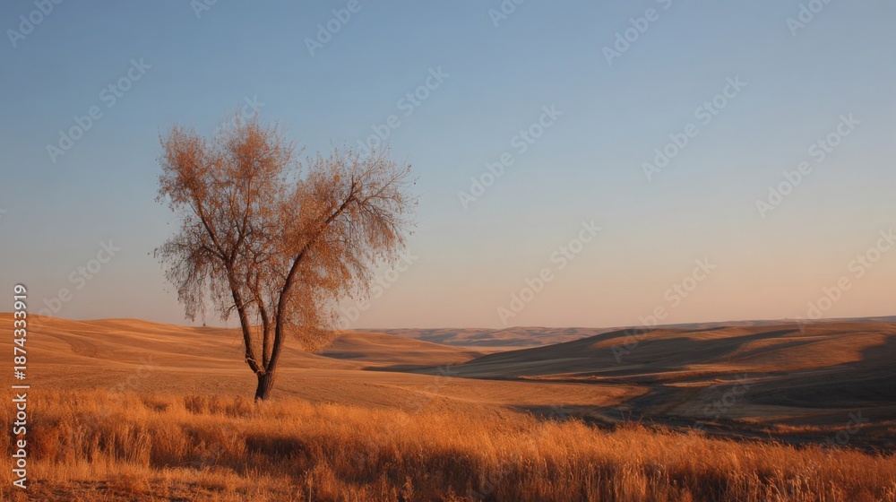 Obraz premium Spindly elm tree with sparse foliage stands in a vast, rolling golden landscape at dusk or dawn.