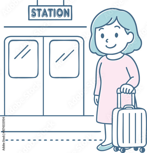 駅のホームでスーツケースを持ち旅行や出張に向かう女性のイラスト