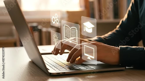 Online learning concept with person typing on laptop surrounded by education icons representing knowledge and technology