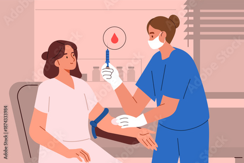 Nurse in medial laboratory collect blood sample from patients vein. Blood test procedure, diagnostic, preventive medicine concept. Vector illustration.