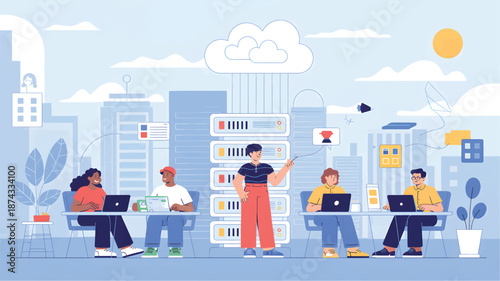 Group of people working with servers and laptops in a modern office setting design