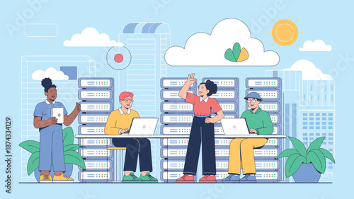 Four people working with servers and laptops in a data center with cloud and sun design