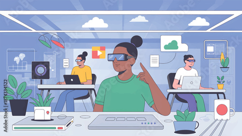 Three people wearing virtual reality headsets working in a futuristic office with laptops and plants