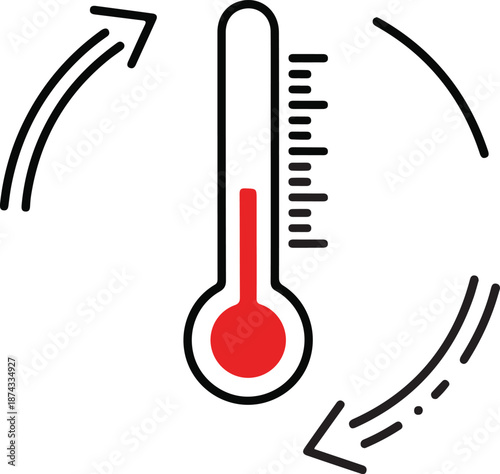 Thermometer with temperature scale and rotating arrows representing climate change and heat regulation concept icon art