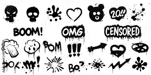 Collection of edgy doodles skulls hearts and playful rebellious graphic elements